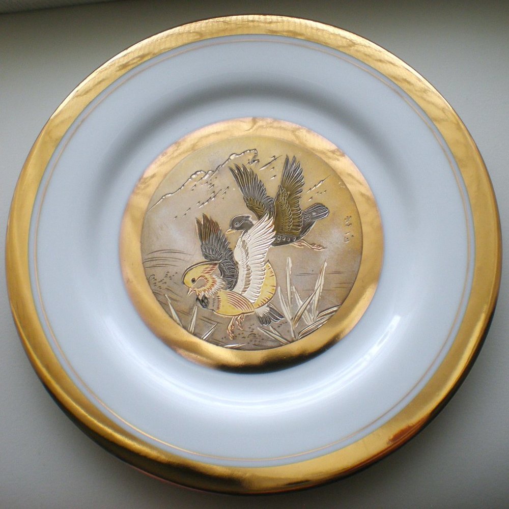 Vintage The Art Of CHOKIN 24kt Gold Edged Birds Couple Decorative Plate Japan